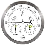 Wetterstation analog aus Edelstahl mit Barometer, Thermometer und Hygrometer für innen un...
