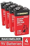 HEITECH 9V Batterie für Rauchwarnmelder - 4× Alkaline 9V Block Batterien langlebig & aus...